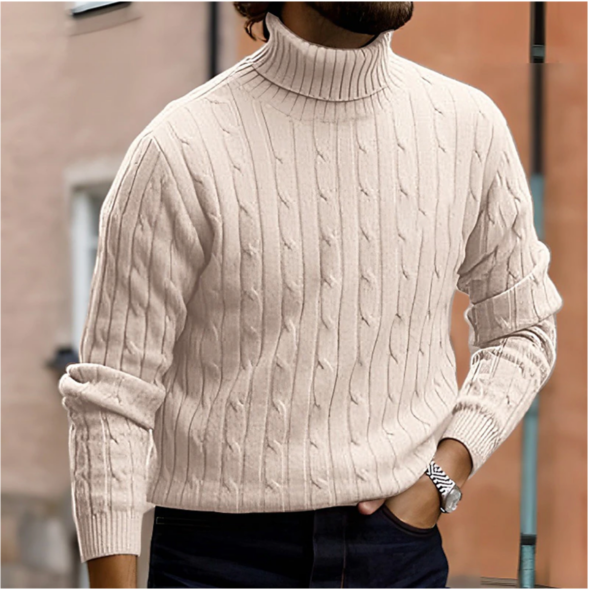 Men's textured turtle neck jumper with long sleeves and ribbed trims