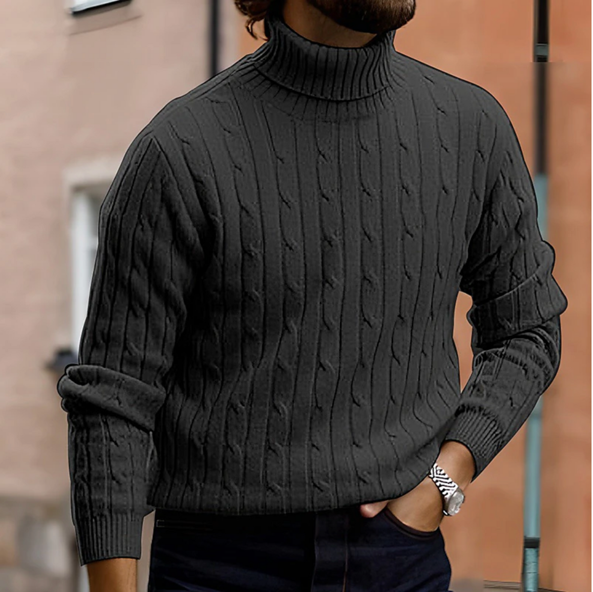 Men's textured turtle neck jumper with long sleeves and ribbed trims