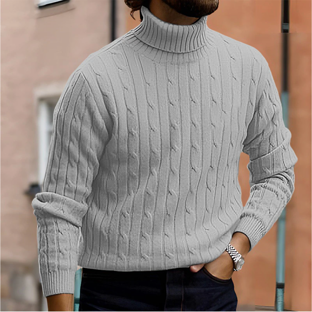 Men's textured turtle neck jumper with long sleeves and ribbed trims