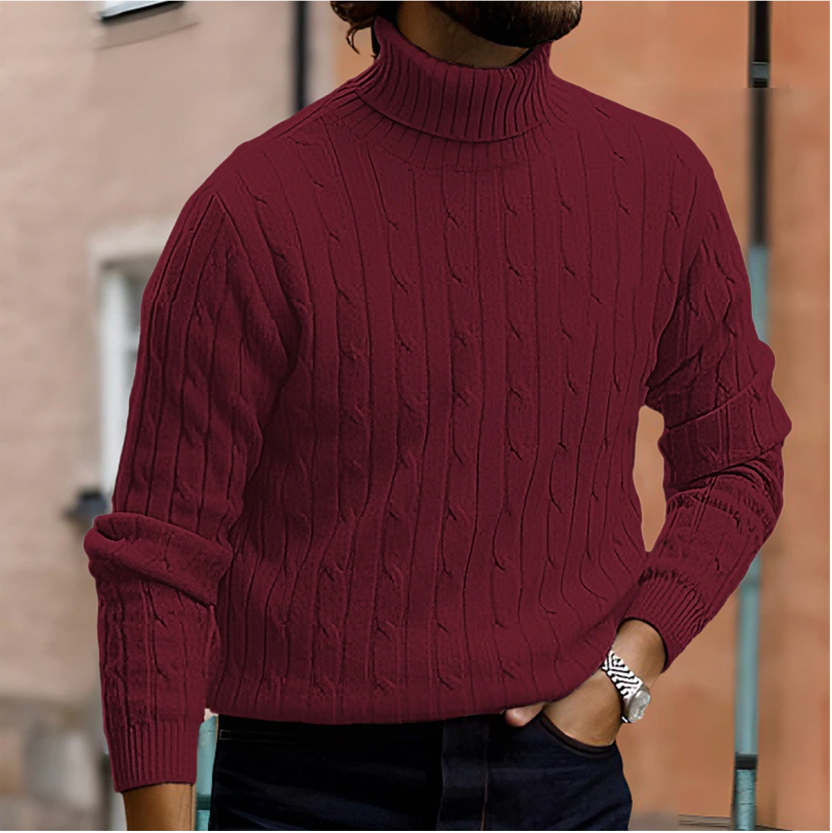 Men's textured turtle neck jumper with long sleeves and ribbed trims