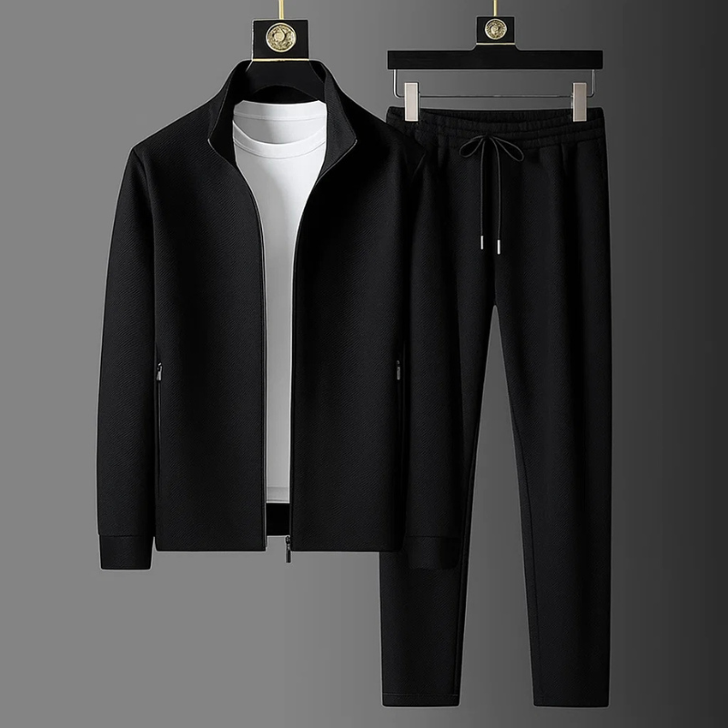 Men's zip-up tracksuit set with stand collar and tapered trousers