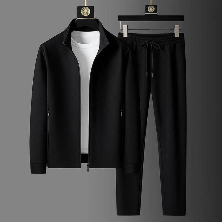 Men's zip-up tracksuit set with stand collar and tapered trousers