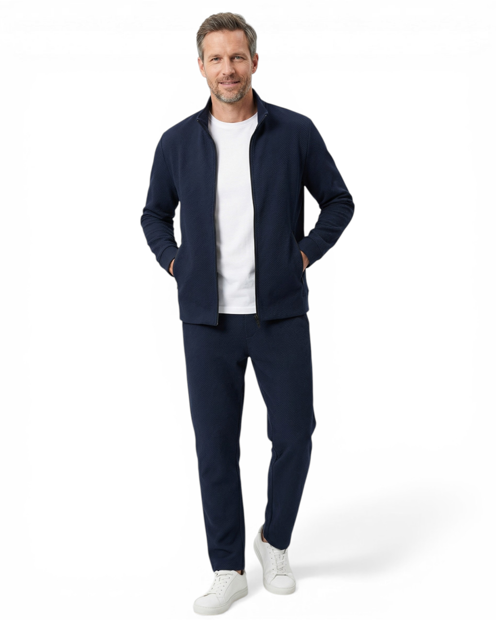 Men's zip-up tracksuit set with stand collar and tapered trousers