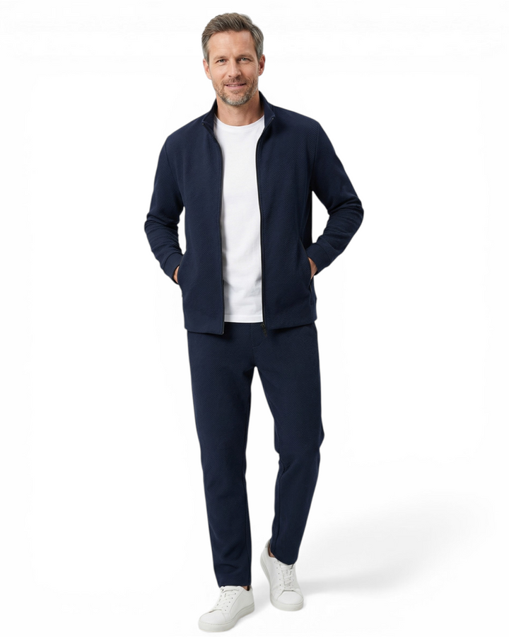 Men's zip-up tracksuit set with stand collar and tapered trousers