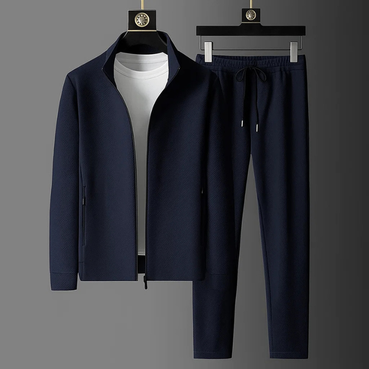 Men's zip-up tracksuit set with stand collar and tapered trousers