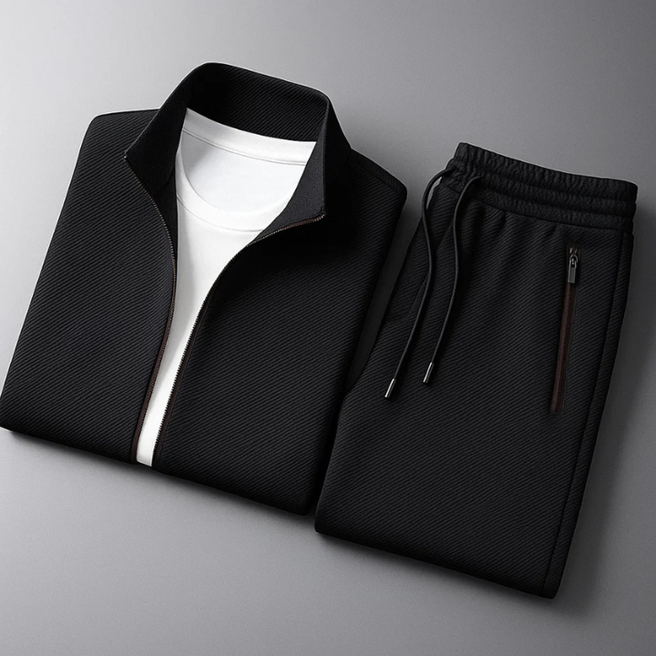 Men's zip-up tracksuit set with stand collar and tapered trousers