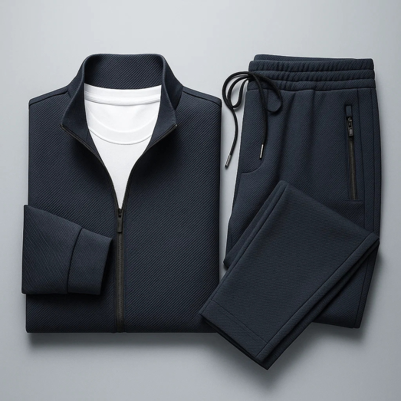 Men's zip-up tracksuit set with stand collar and tapered trousers
