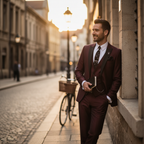 Men's three-piece suit with notch lapel, contrast trim, waistcoat and trousers