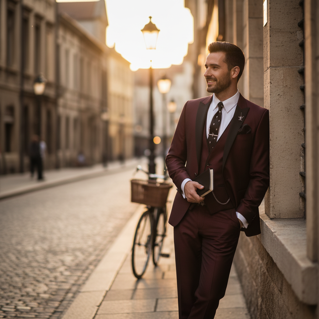 Men's three-piece suit with notch lapel, contrast trim, waistcoat and trousers