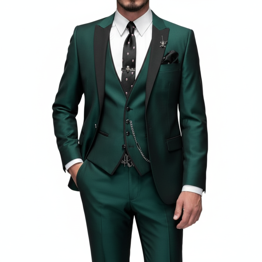 Men's three-piece suit with notch lapel, contrast trim, waistcoat and trousers