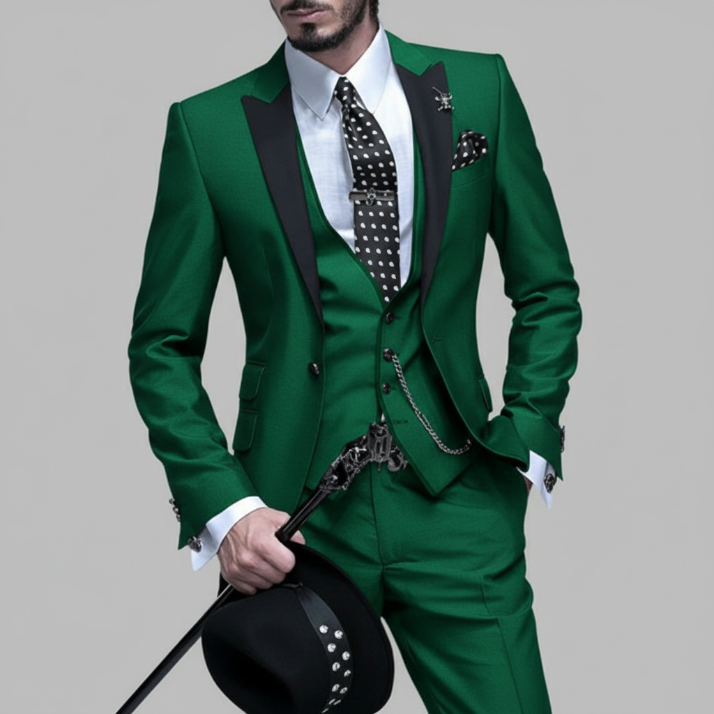 Men's three-piece suit with notch lapel, contrast trim, waistcoat and trousers