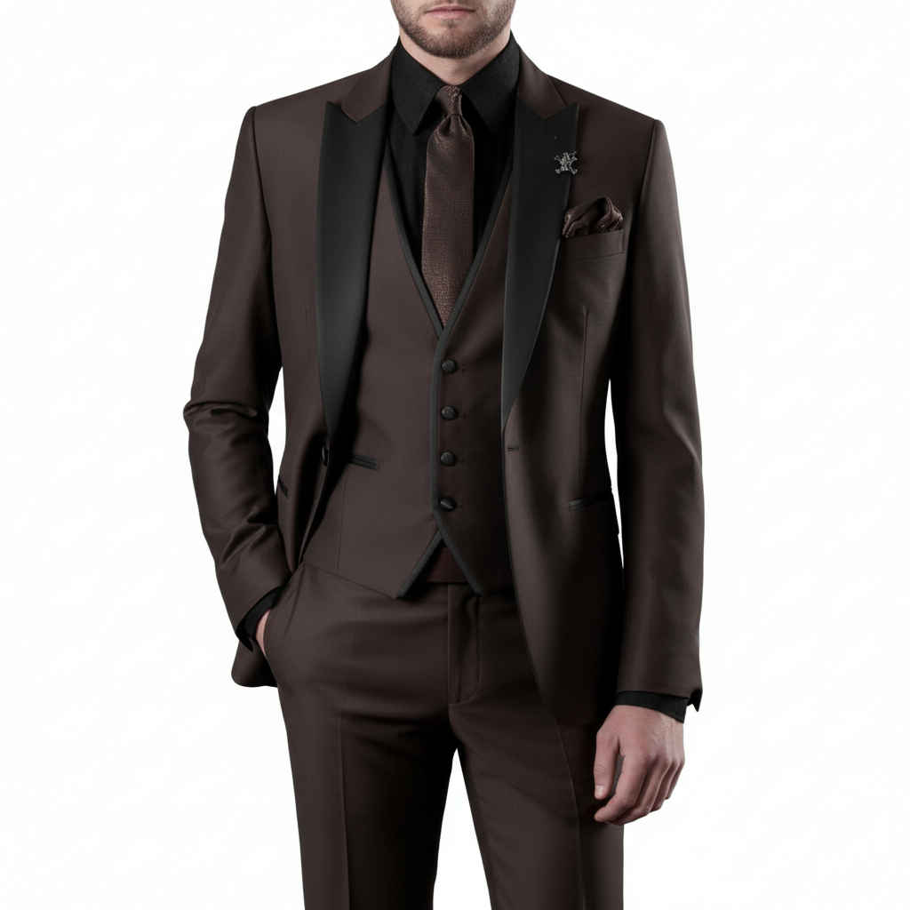 Men's three-piece suit with notch lapel, contrast trim, waistcoat and trousers