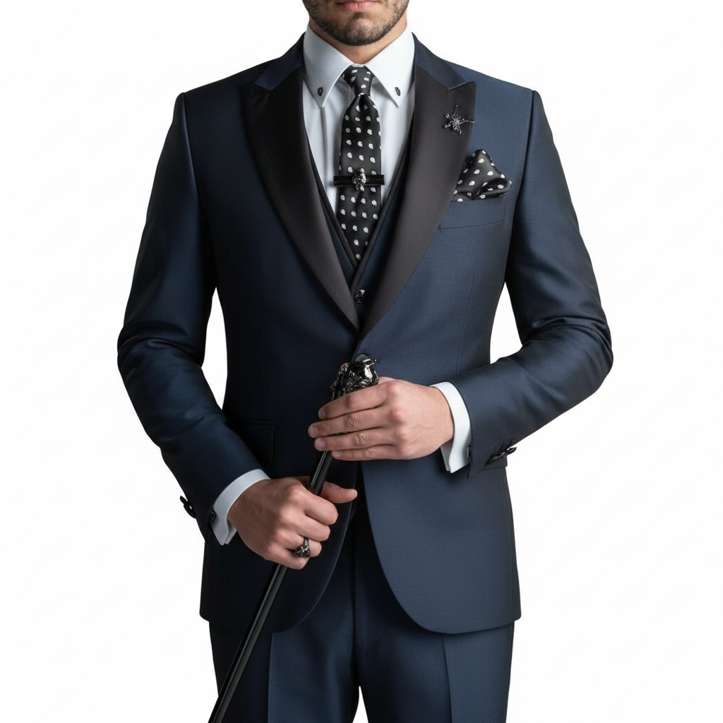 Men's three-piece suit with notch lapel, contrast trim, waistcoat and trousers