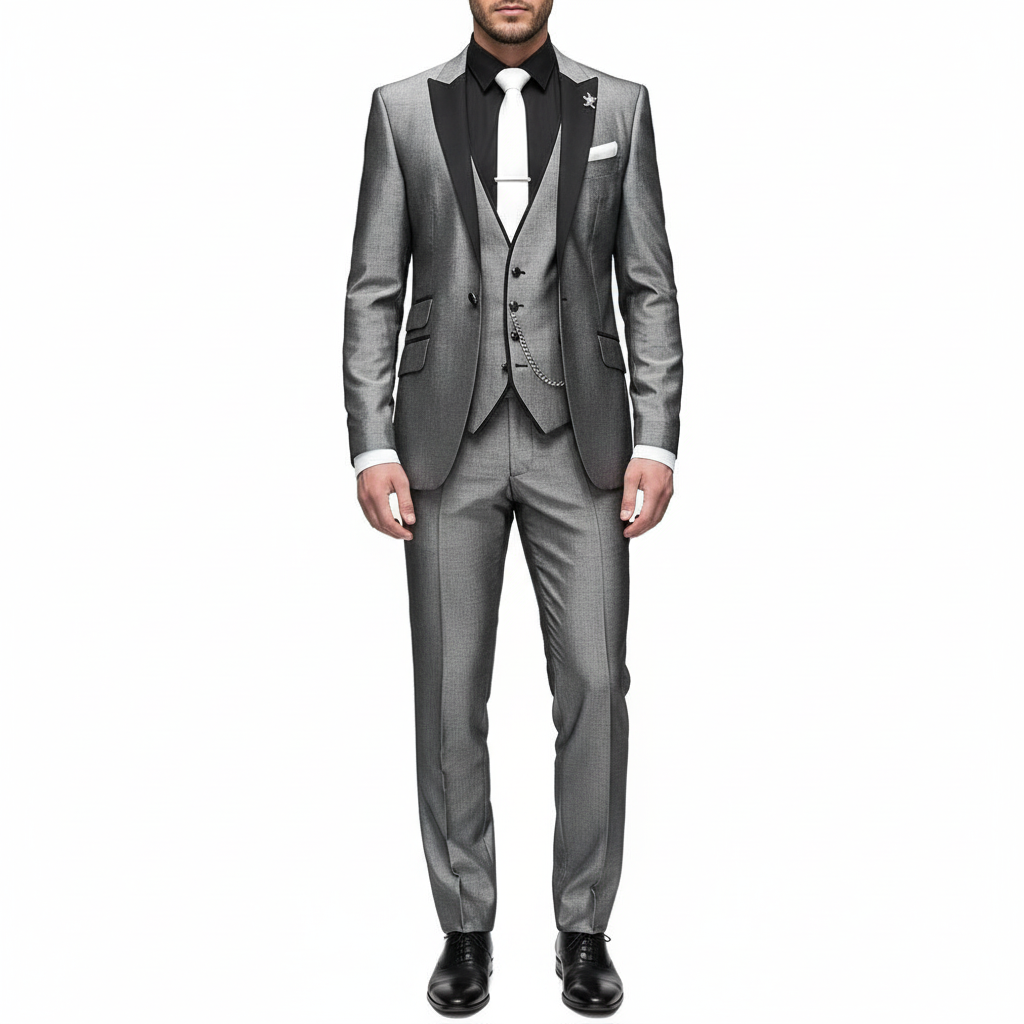 Men's three-piece suit with notch lapel, contrast trim, waistcoat and trousers