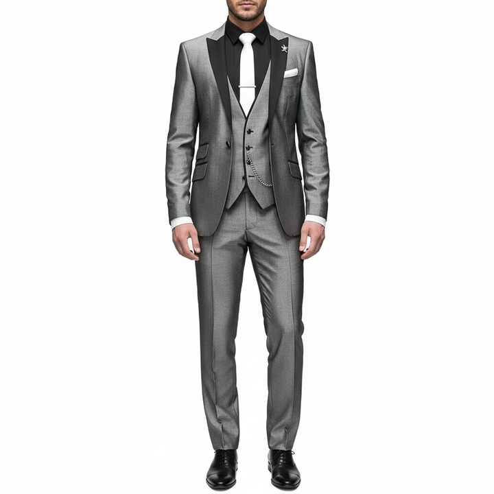 Men's three-piece suit with notch lapel, contrast trim, waistcoat and trousers