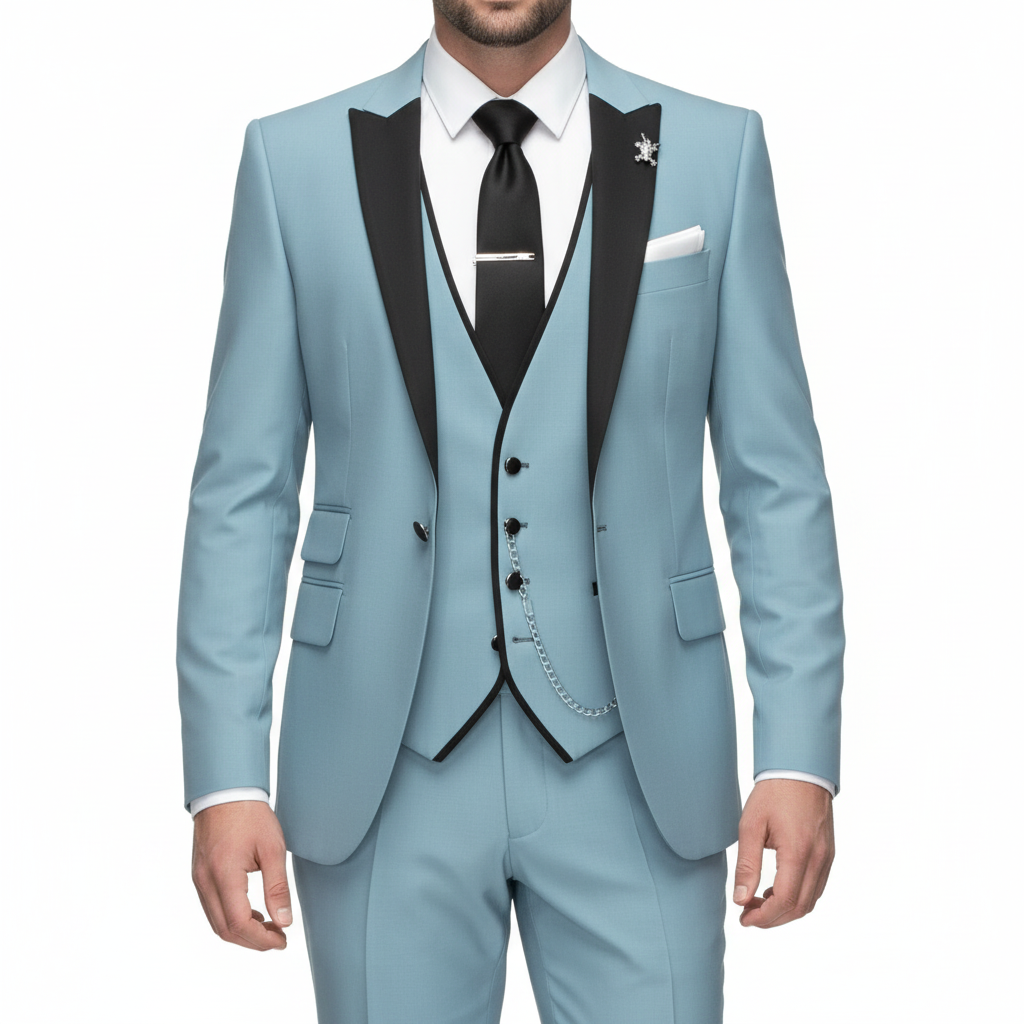 Men's three-piece suit with notch lapel, contrast trim, waistcoat and trousers