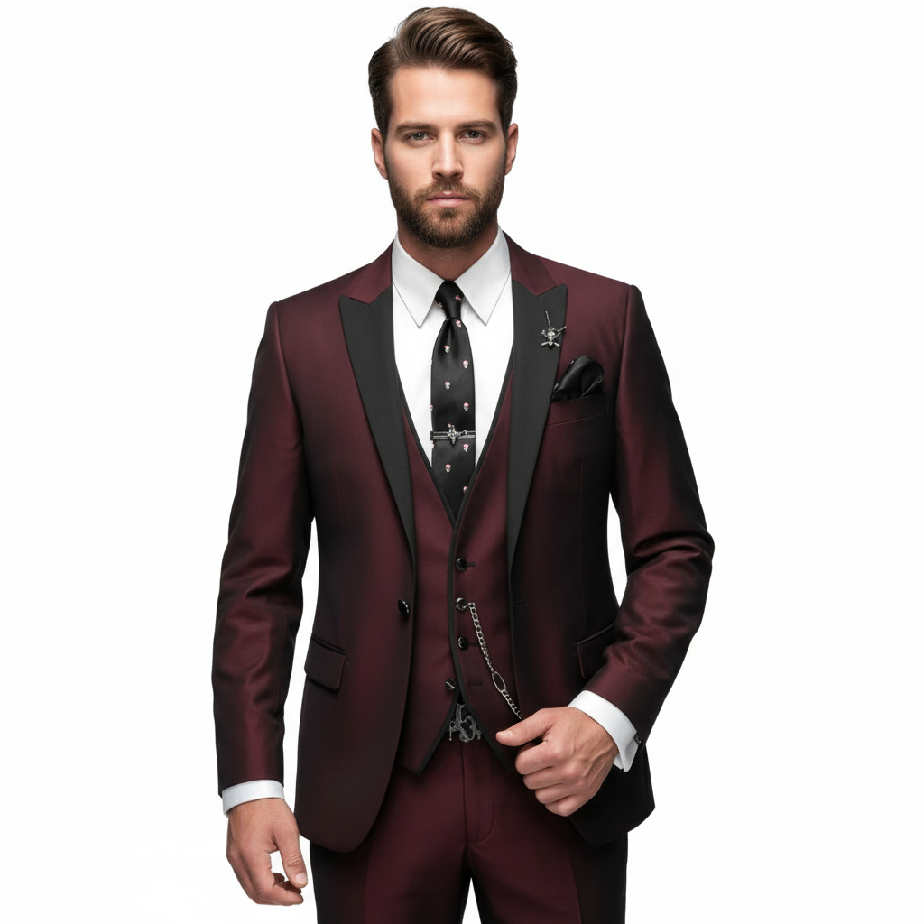 Men's three-piece suit with notch lapel, contrast trim, waistcoat and trousers
