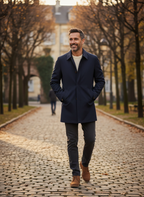 Men's longline trench coat with pointed collar, button front and side pockets