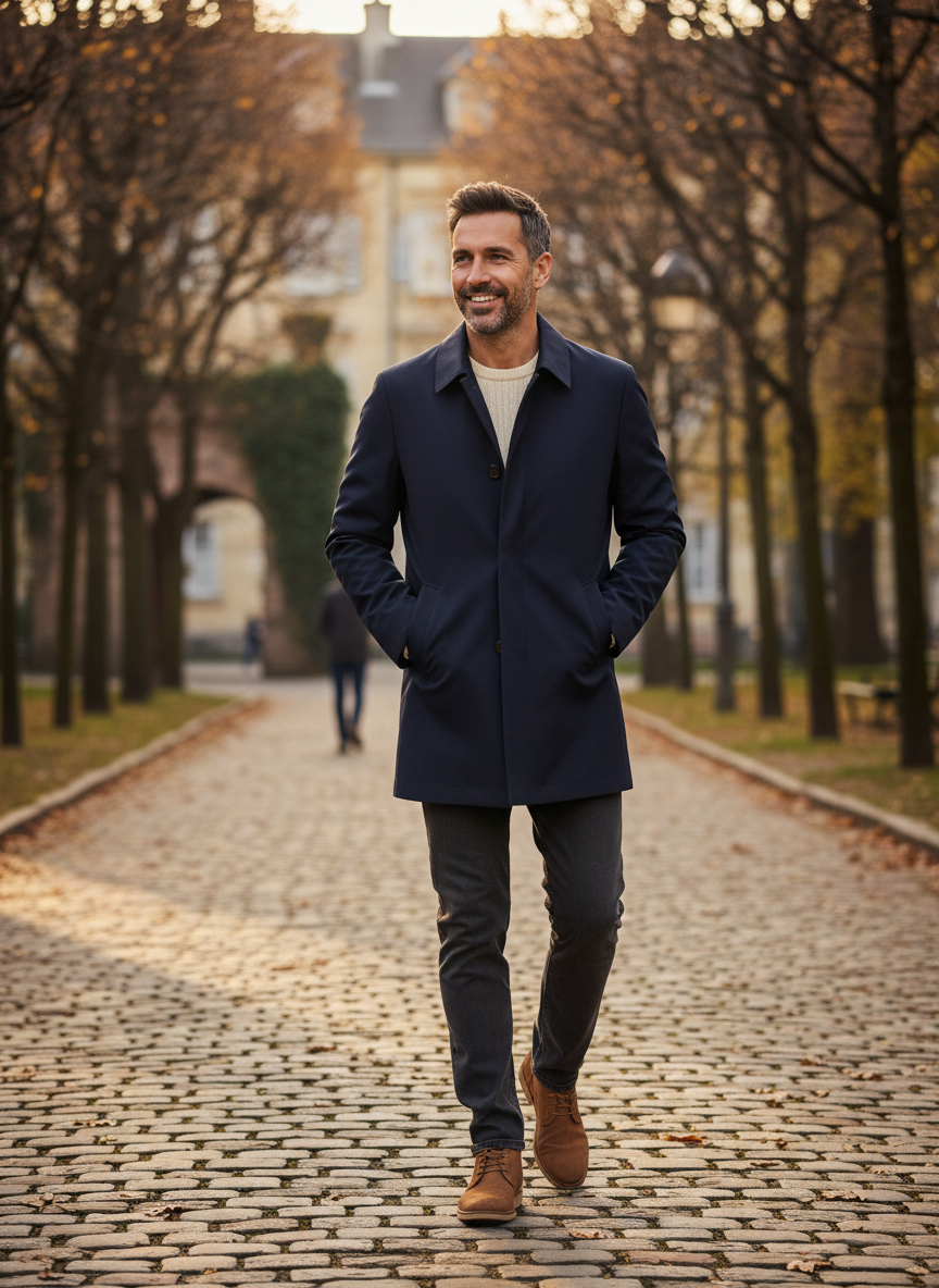 Men's longline trench coat with pointed collar, button front and side pockets