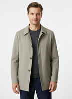 Men's longline trench coat with pointed collar, button front and side pockets