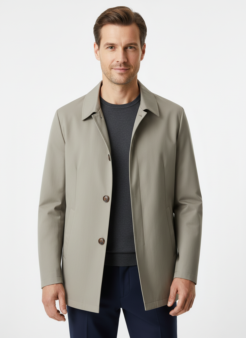 Men's longline trench coat with pointed collar, button front and side pockets