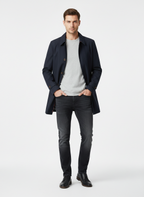 Men's longline trench coat with pointed collar, button front and side pockets