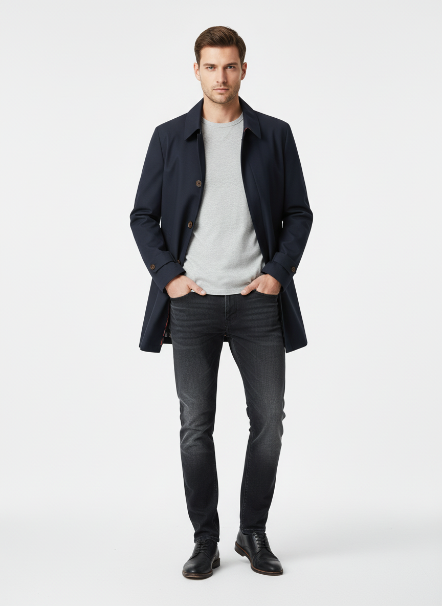 Men's longline trench coat with pointed collar, button front and side pockets