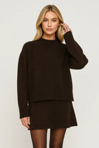 Women's dark brown knitted sweater and mini skirt set