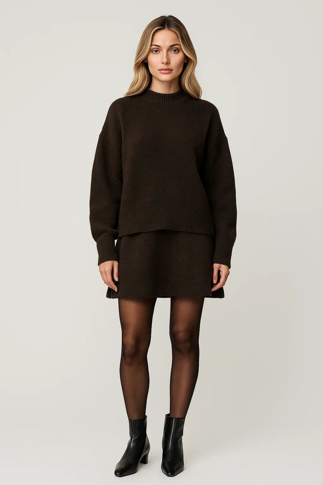 Women's dark brown knitted sweater and mini skirt set