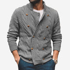 Men's cable knit cardigan with mock neck, button front and long sleeves