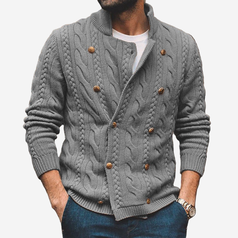 Men's cable knit cardigan with mock neck, button front and long sleeves