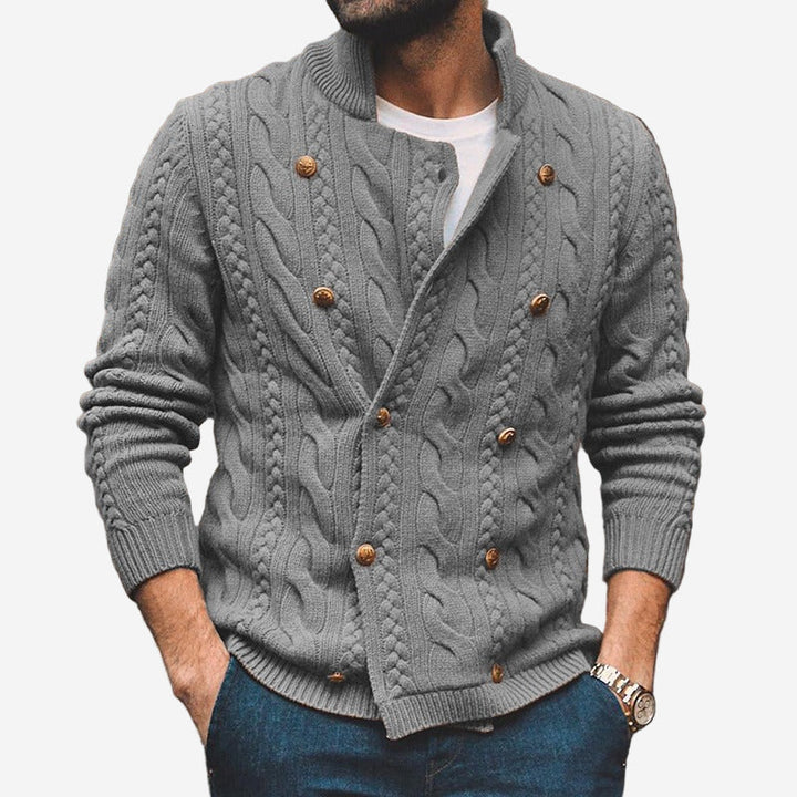 Men's cable knit cardigan with mock neck, button front and long sleeves