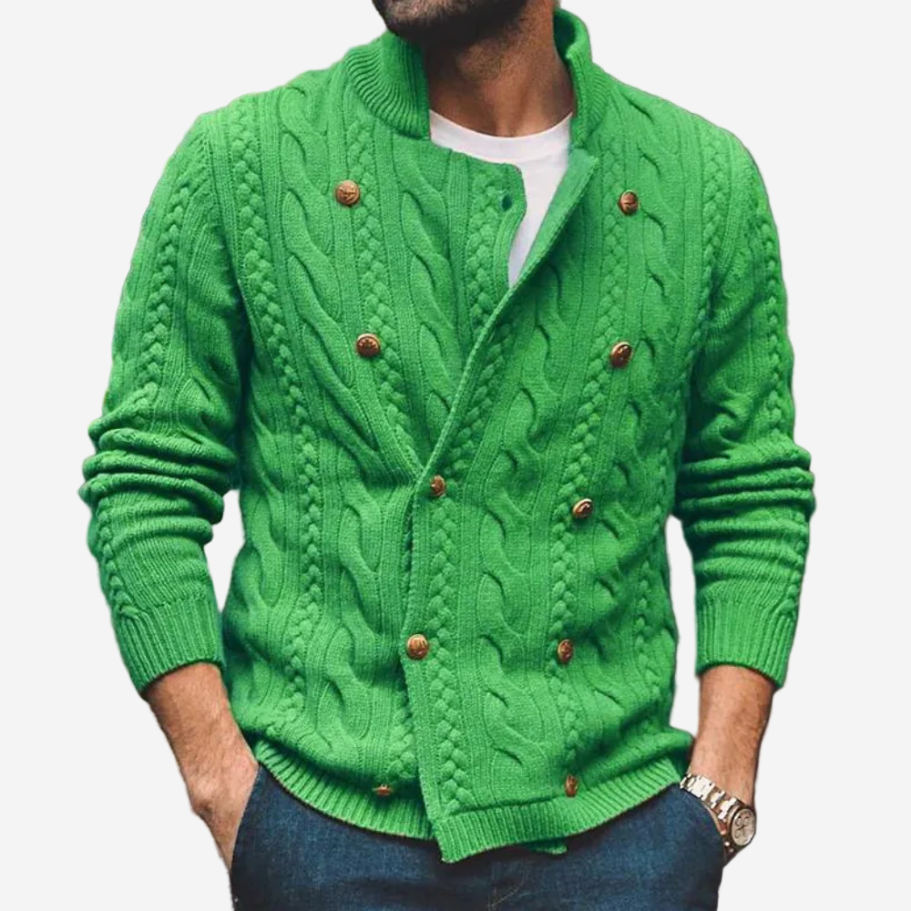 Men's cable knit cardigan with mock neck, button front and long sleeves