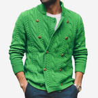 Men's cable knit cardigan with mock neck, button front and long sleeves
