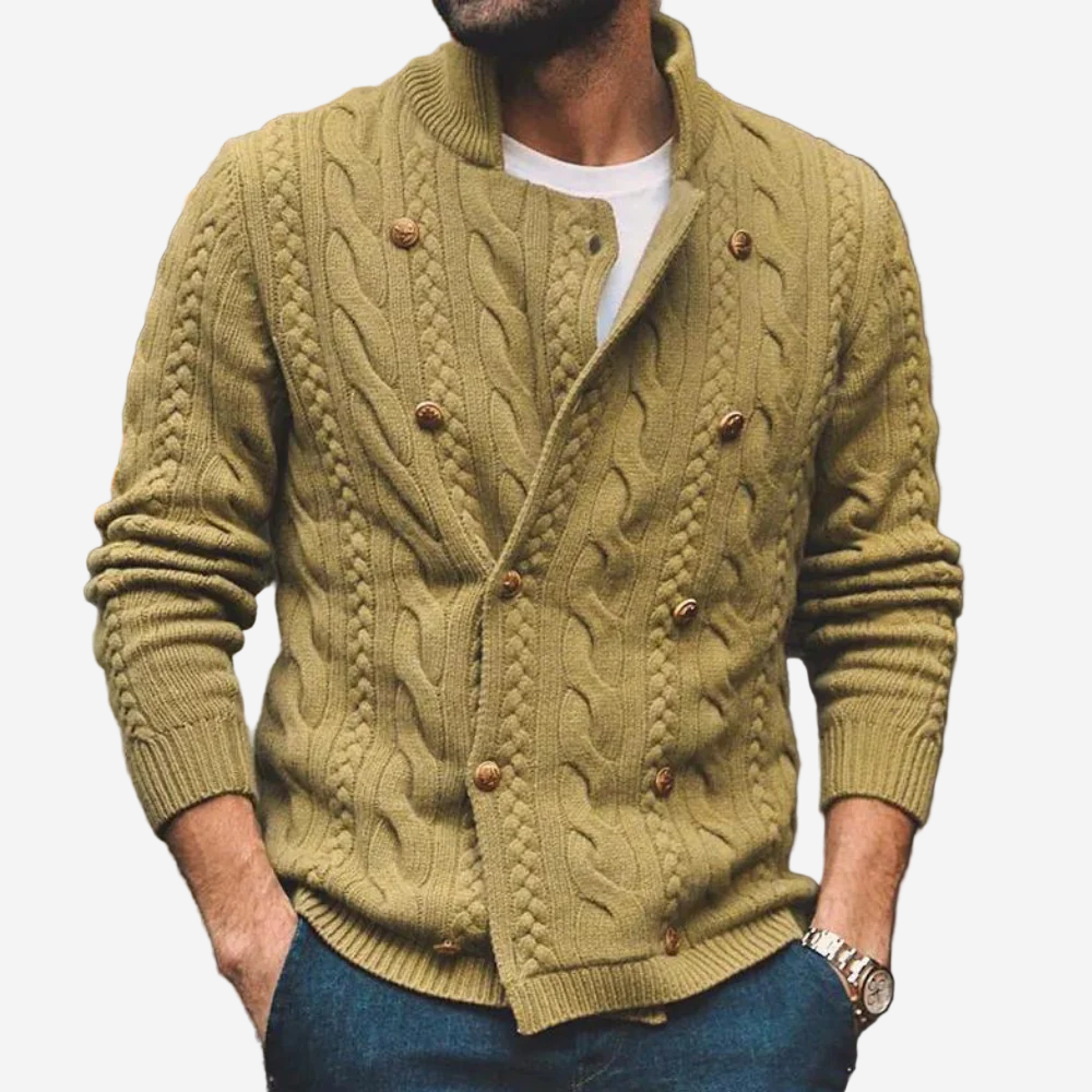 Men's cable knit cardigan with mock neck, button front and long sleeves