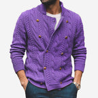 Men's cable knit cardigan with mock neck, button front and long sleeves