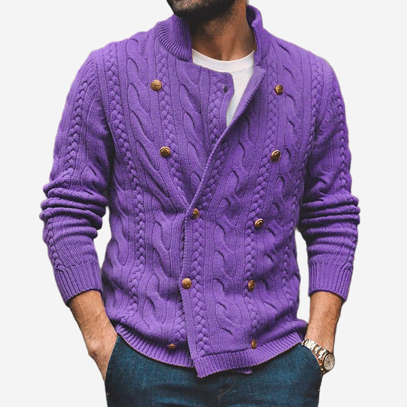 Men's cable knit cardigan with mock neck, button front and long sleeves