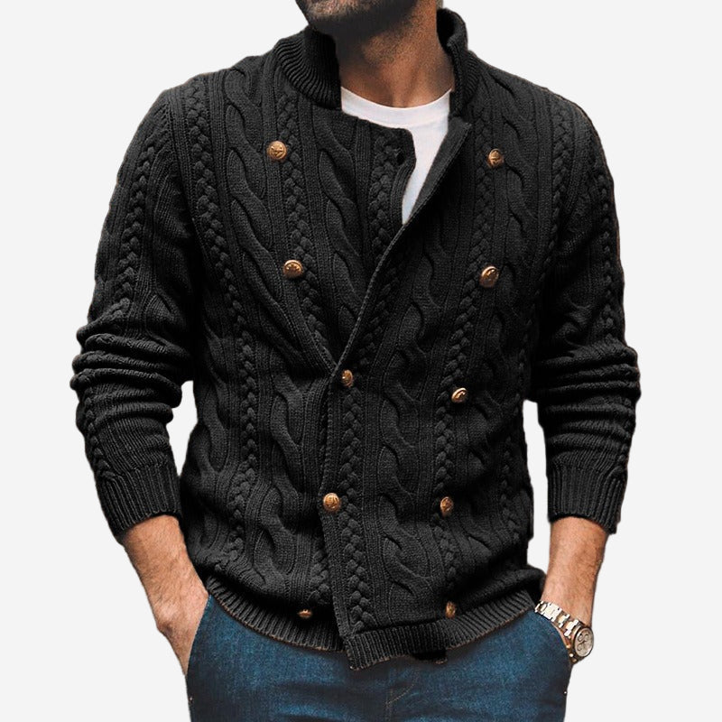 Men's cable knit cardigan with mock neck, button front and long sleeves