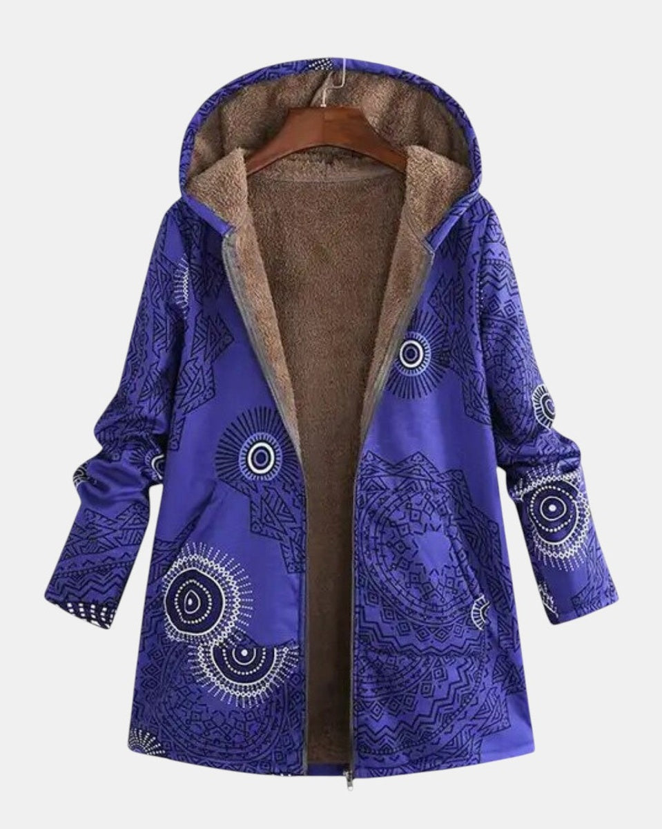 Women's blue mandala print hooded jacket with long sleeves