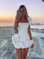 Women's strapless mini dress with floral appliqué and ruffle hem