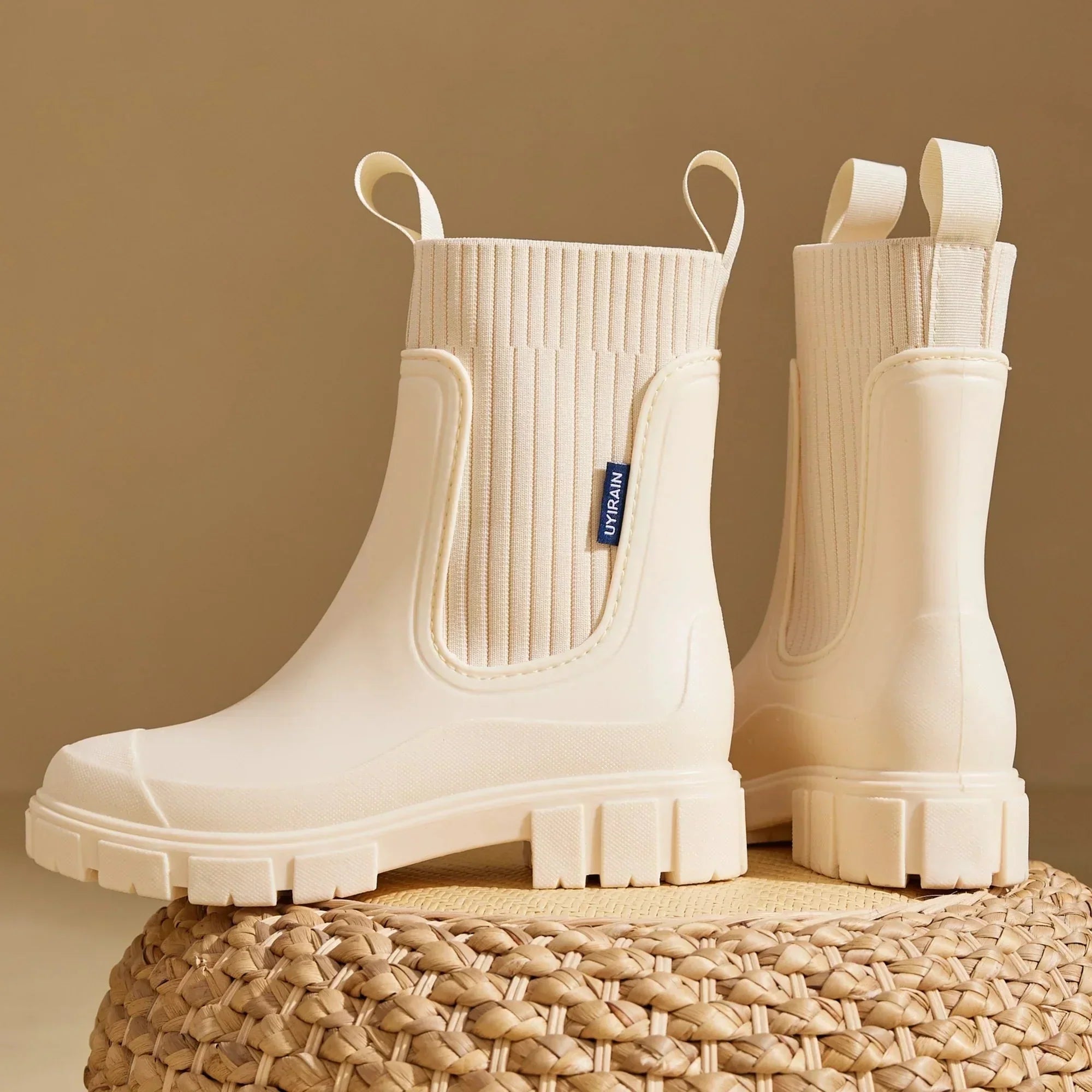Women's Chelsea rain boots with elastic panels and chunky lug soles