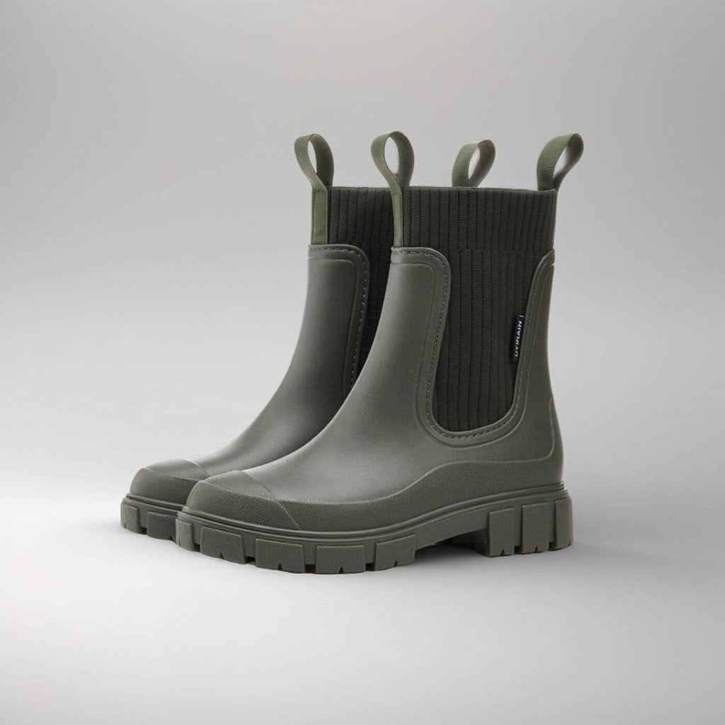 Women's Chelsea rain boots with elastic panels and chunky lug soles