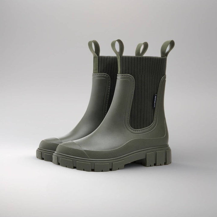 Women's Chelsea rain boots with elastic panels and chunky lug soles