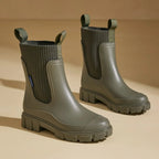 Women's Chelsea rain boots with elastic panels and chunky lug soles