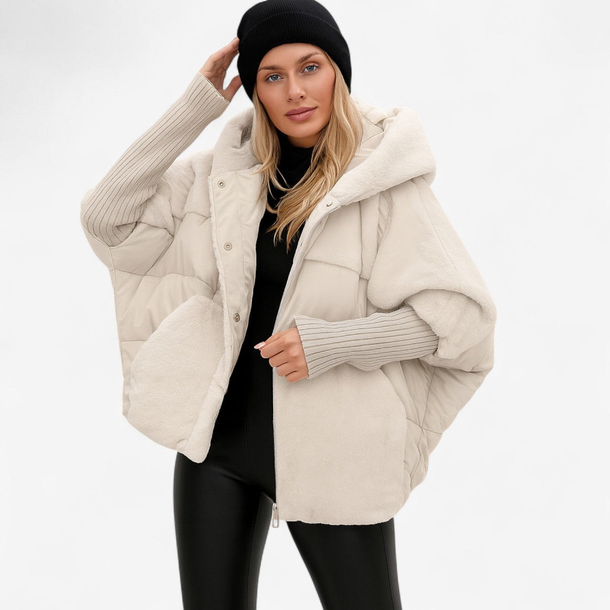 Women's oversized hooded quilted jacket with plush panels and ribbed cuffs