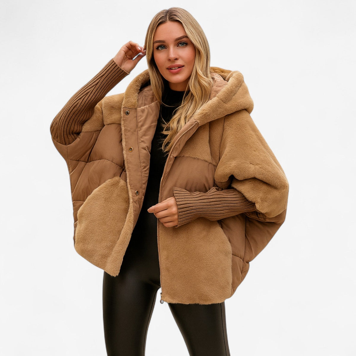Women's oversized hooded quilted jacket with plush panels and ribbed cuffs