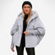 Women's oversized hooded quilted jacket with plush panels and ribbed cuffs