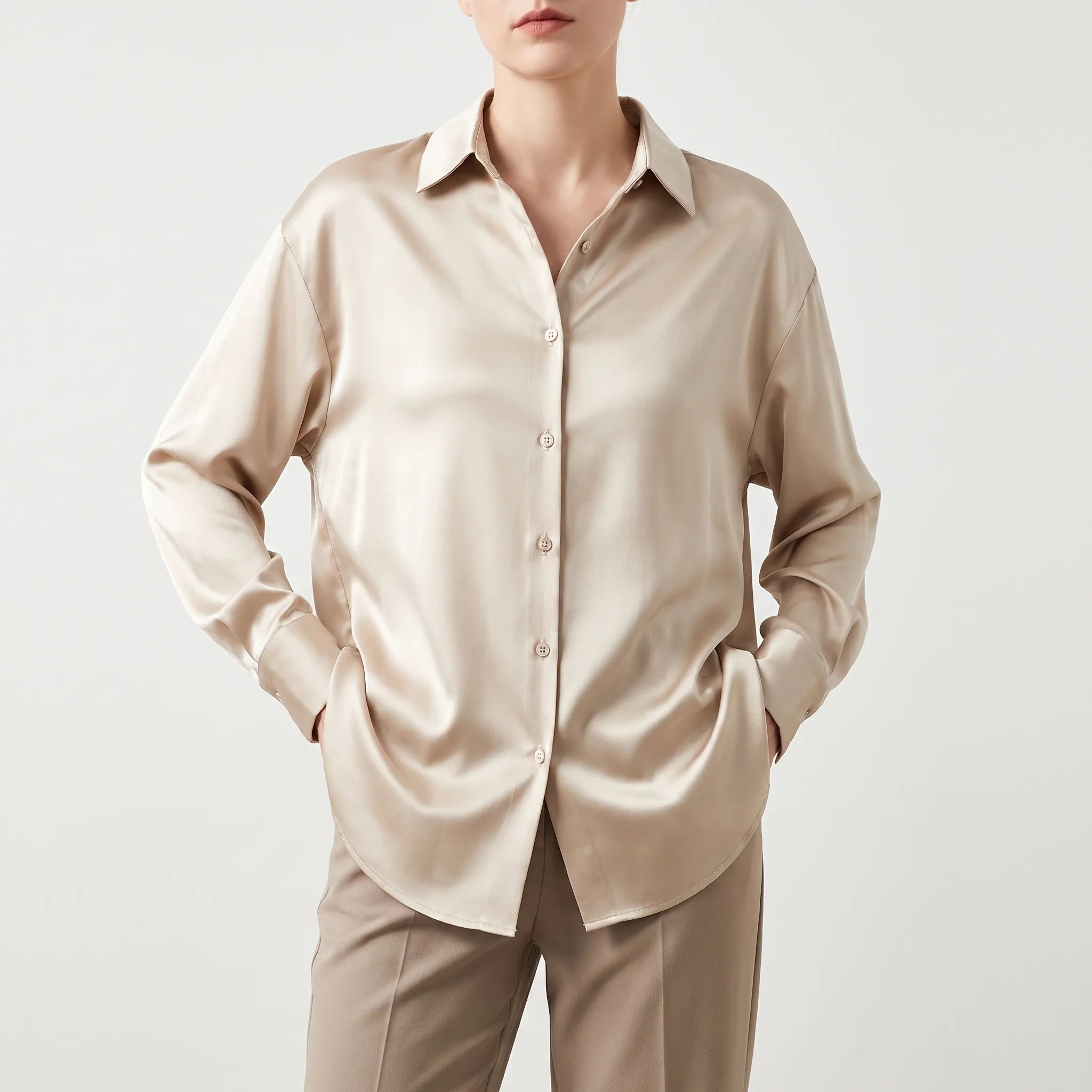 Lustra  - Long-Sleeved Button-Up Lustrous Blouse Office Wear Rotation