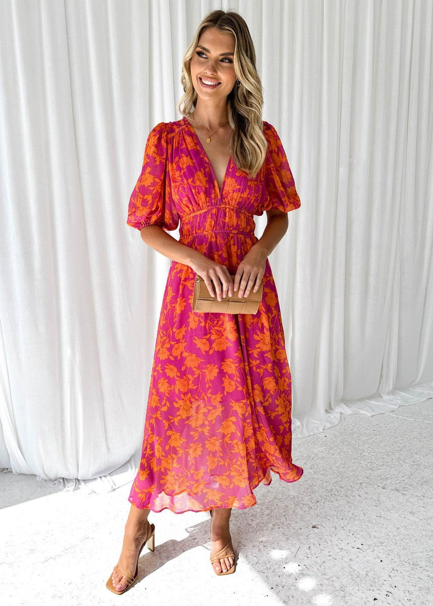 Women's pink and orange floral midi dress with puff sleeves