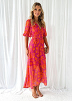 Women's pink and orange floral midi dress with puff sleeves